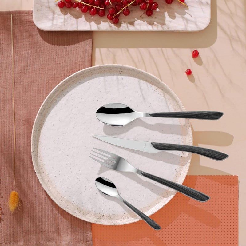 Amefa مجموعة أدوات المائدة والأواني الفضية من أميفا إكلا 24 قطعة بمقبض خشبي أسود من الفولاذ المقاوم للصدأ لـ 6-18/0 مع سكاكين ستيك، وشوك، وملاعق - آمنة للغسل في غسالة الصحون - أدوات مائدة سوداء - Image 2